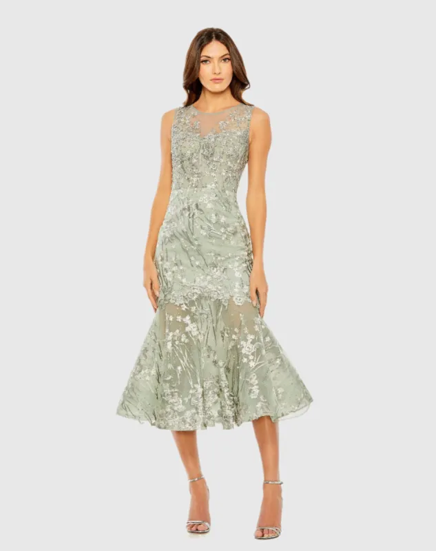 Sage Green Sleeveless Embroidered Trumpet Midi Dress sold by Mac Duggal