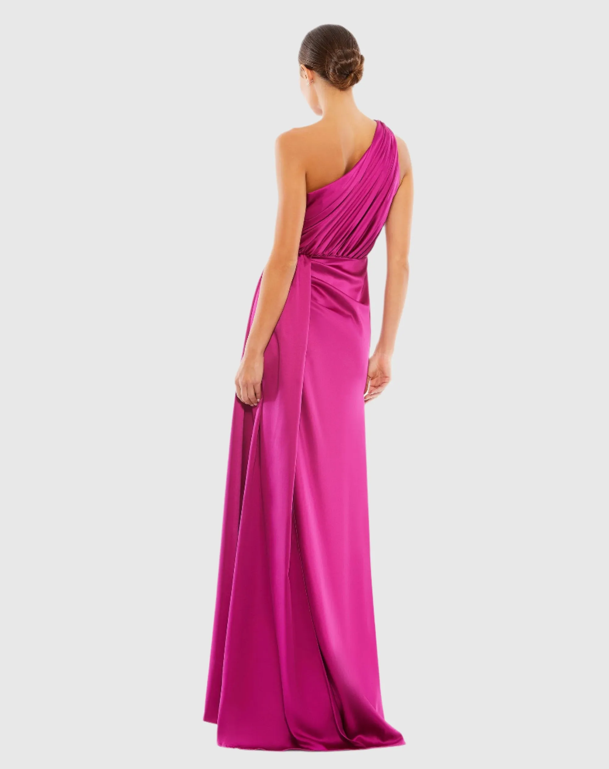 Purple Gathered One Shoulder Satin Faux Wrap Gown sold by Mac Duggal product image thumbnail 4