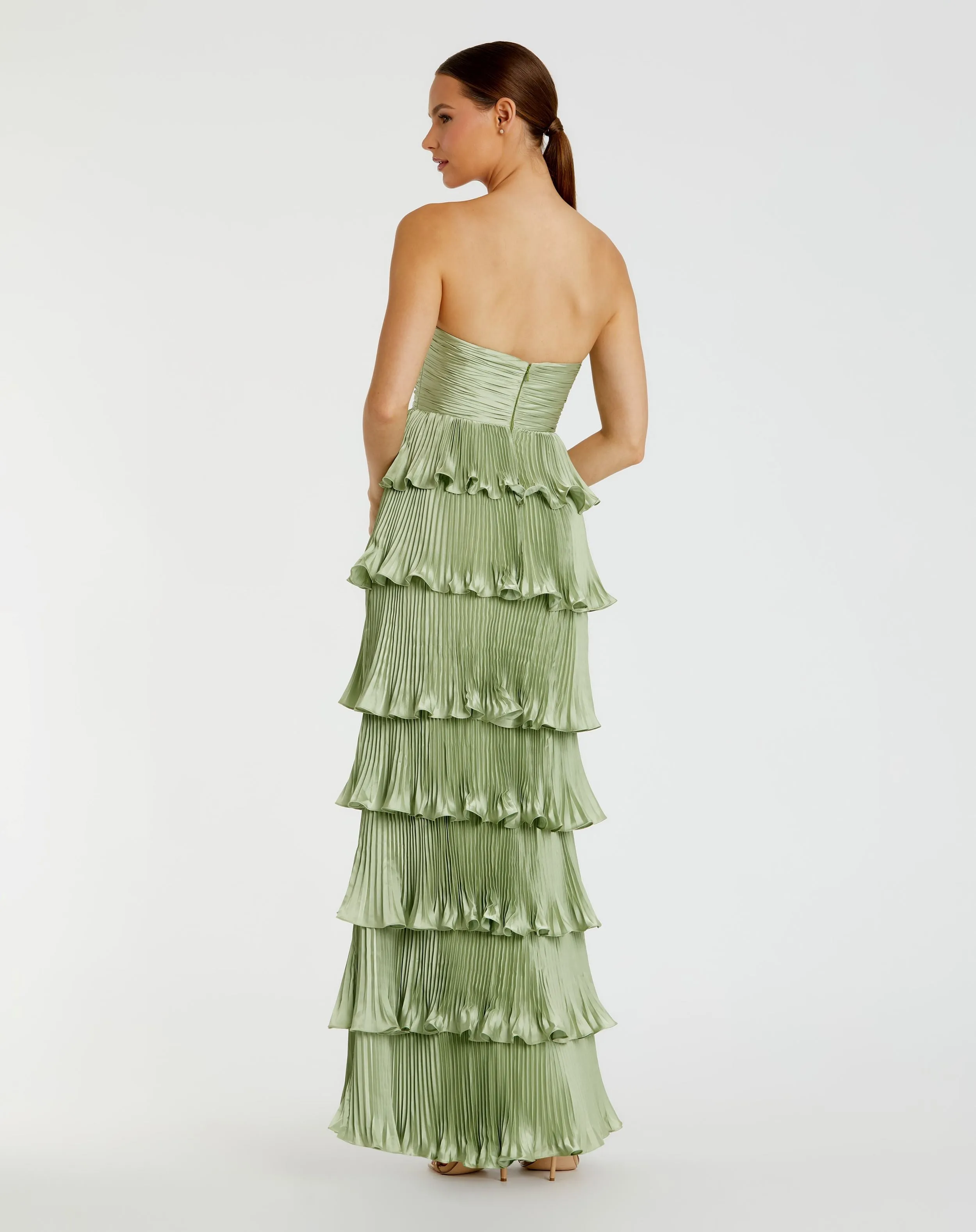 Green Pleated Charmeuse Strapless Tiered Ruffle Gown sold by Mac Duggal product image thumbnail 3