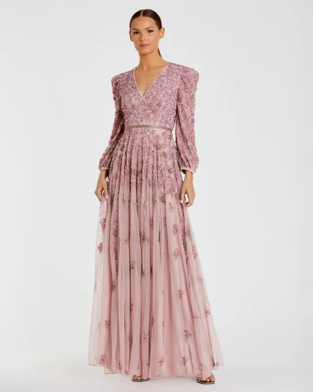 Embellished V Neck Long Sleeve A Line Gown sold by Mac Duggal