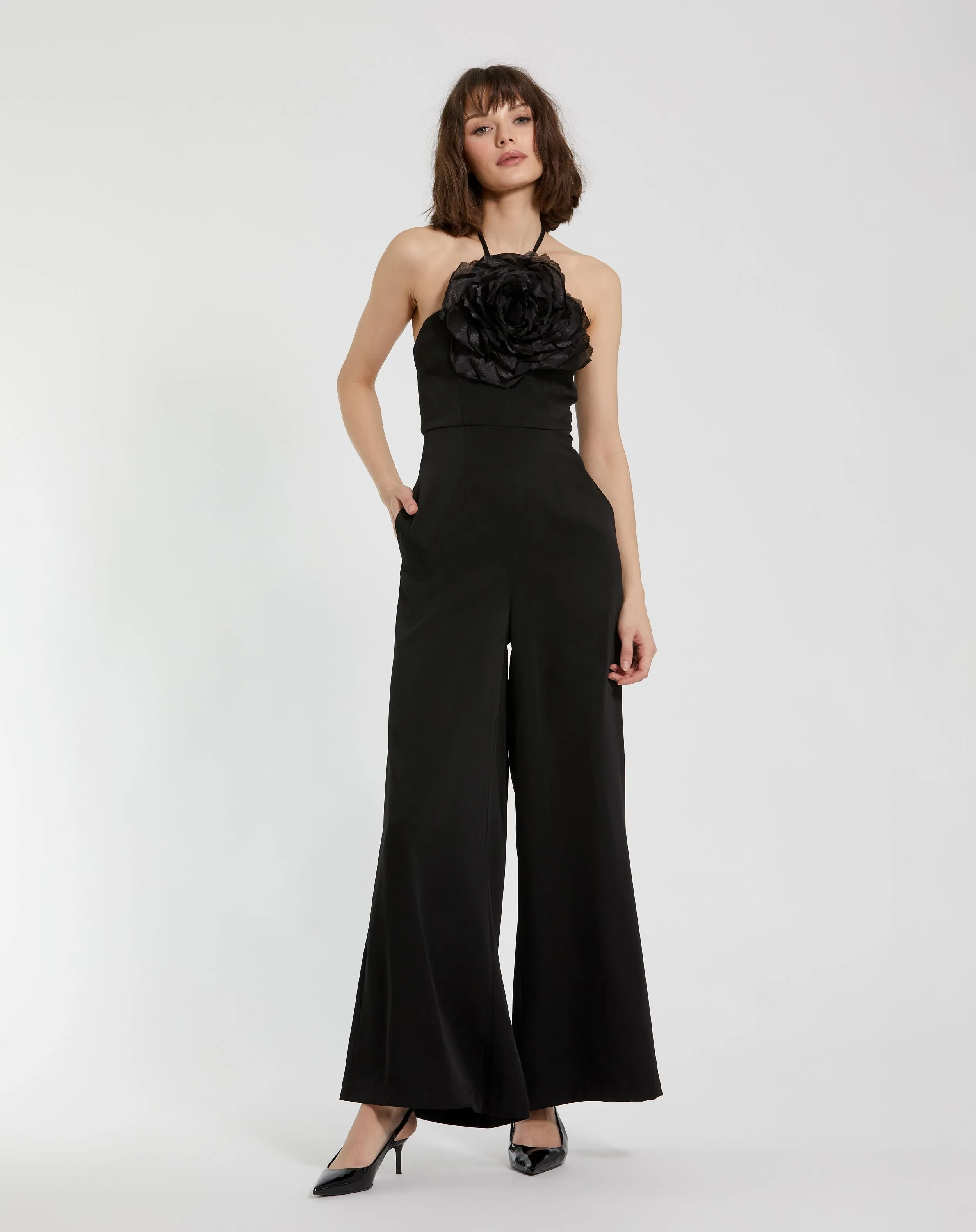 Halter Neck Crepe Jumpsuit With Flower sold by Mac Duggal