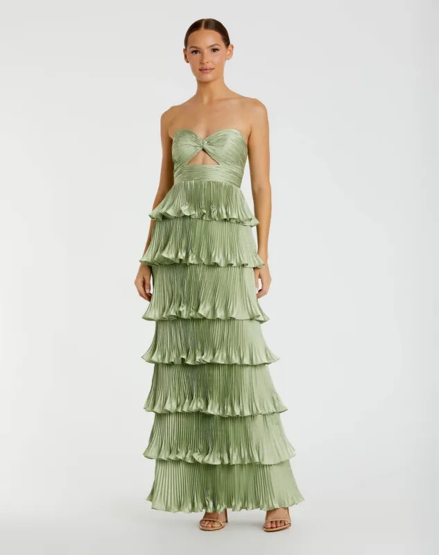 Pleated Charmeuse Strapless Tiered Ruffle Gown sold by Mac Duggal