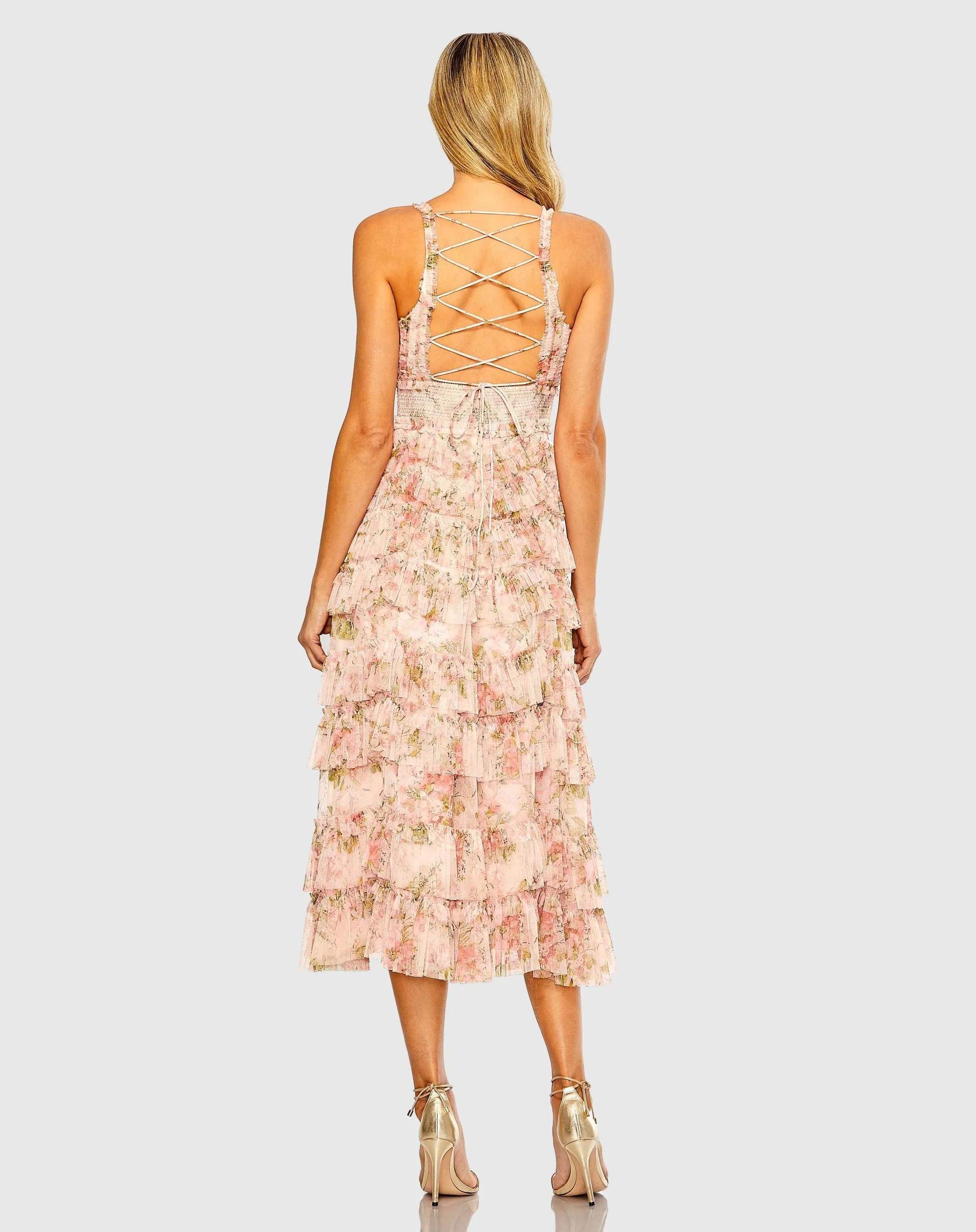 Pink Sleeveless V Neck Floral Mesh Ruffle Midi Dress sold by Mac Duggal product image thumbnail 3