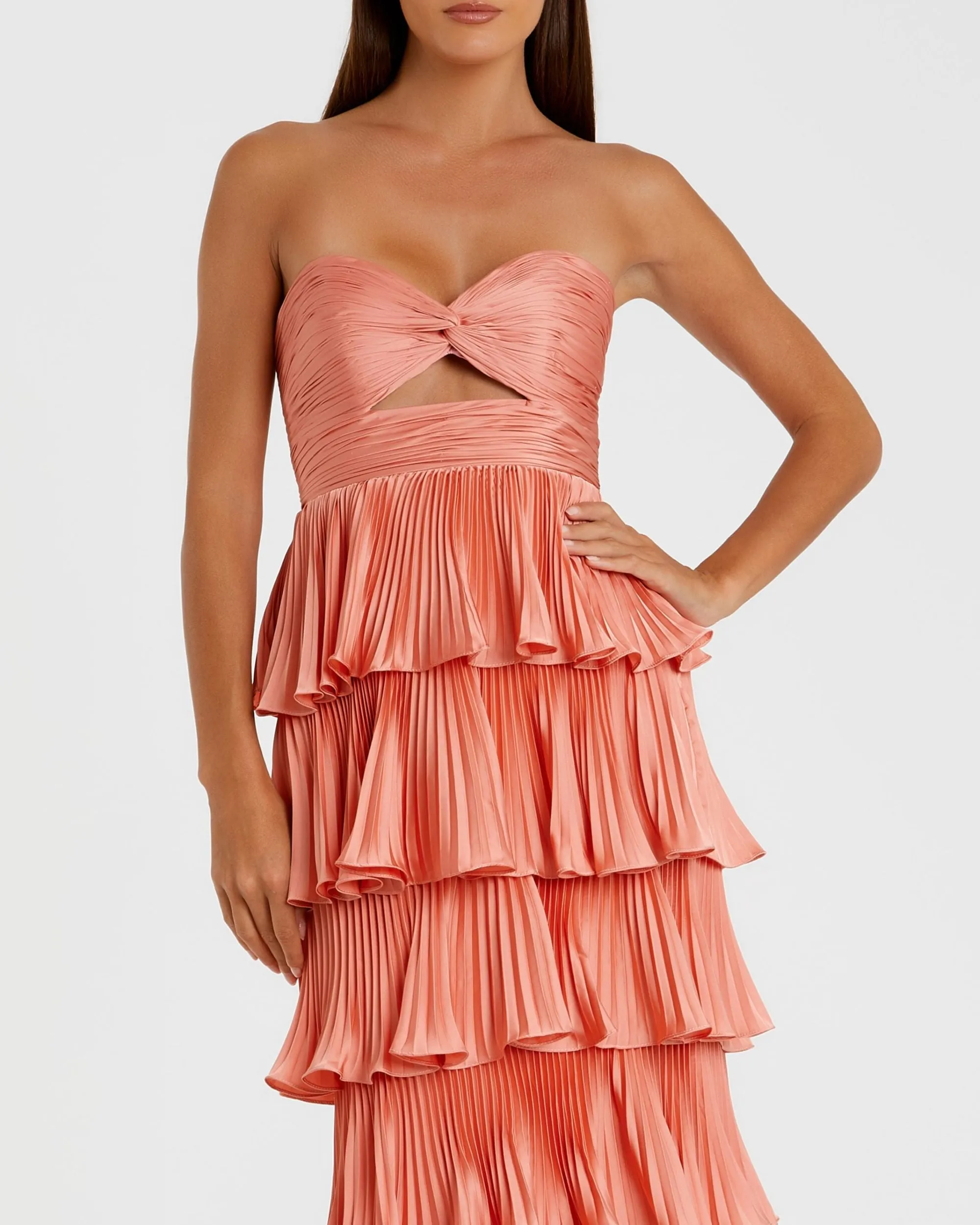 Pink Pleated Charmeuse Strapless Tiered Ruffle Gown sold by Mac Duggal product image thumbnail 2