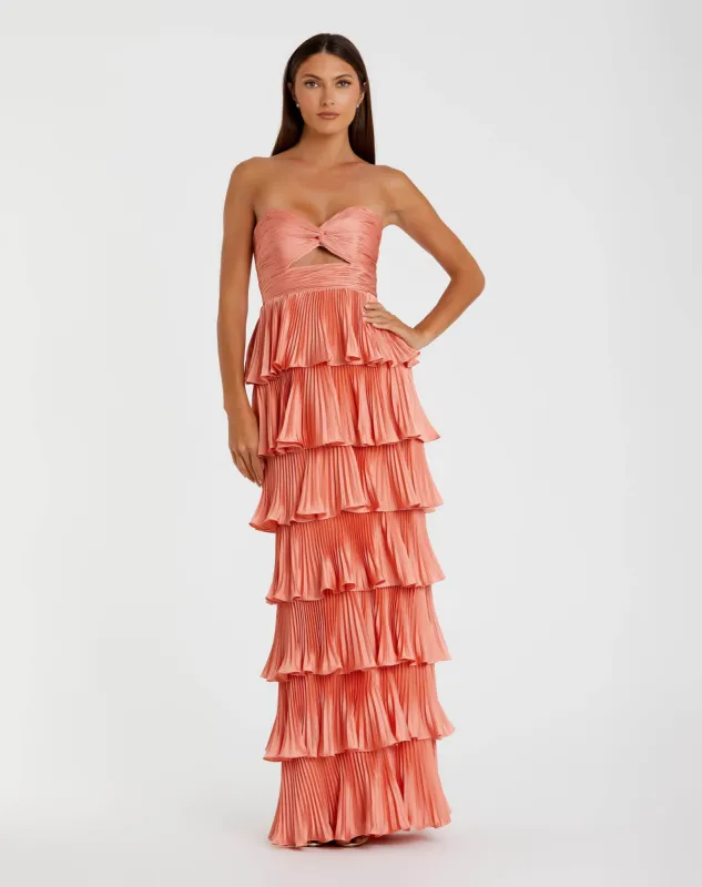 Pink Pleated Charmeuse Strapless Tiered Ruffle Gown sold by Mac Duggal