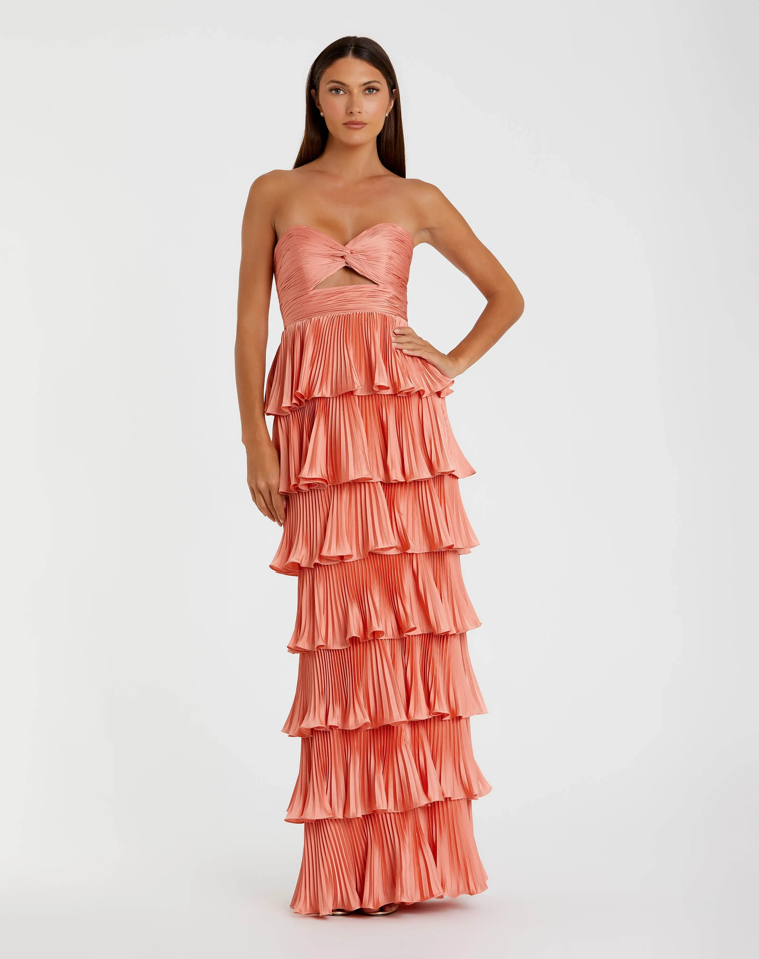 Pink Pleated Charmeuse Strapless Tiered Ruffle Gown sold by Mac Duggal