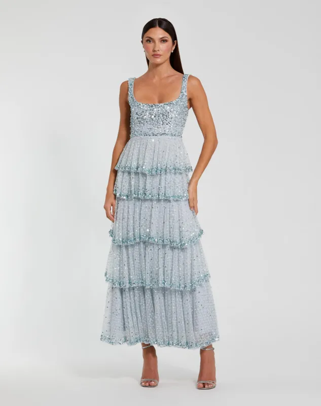 Blue Embellished Net Tiered Ruffle Scoop Neck Dress sold by Mac Duggal