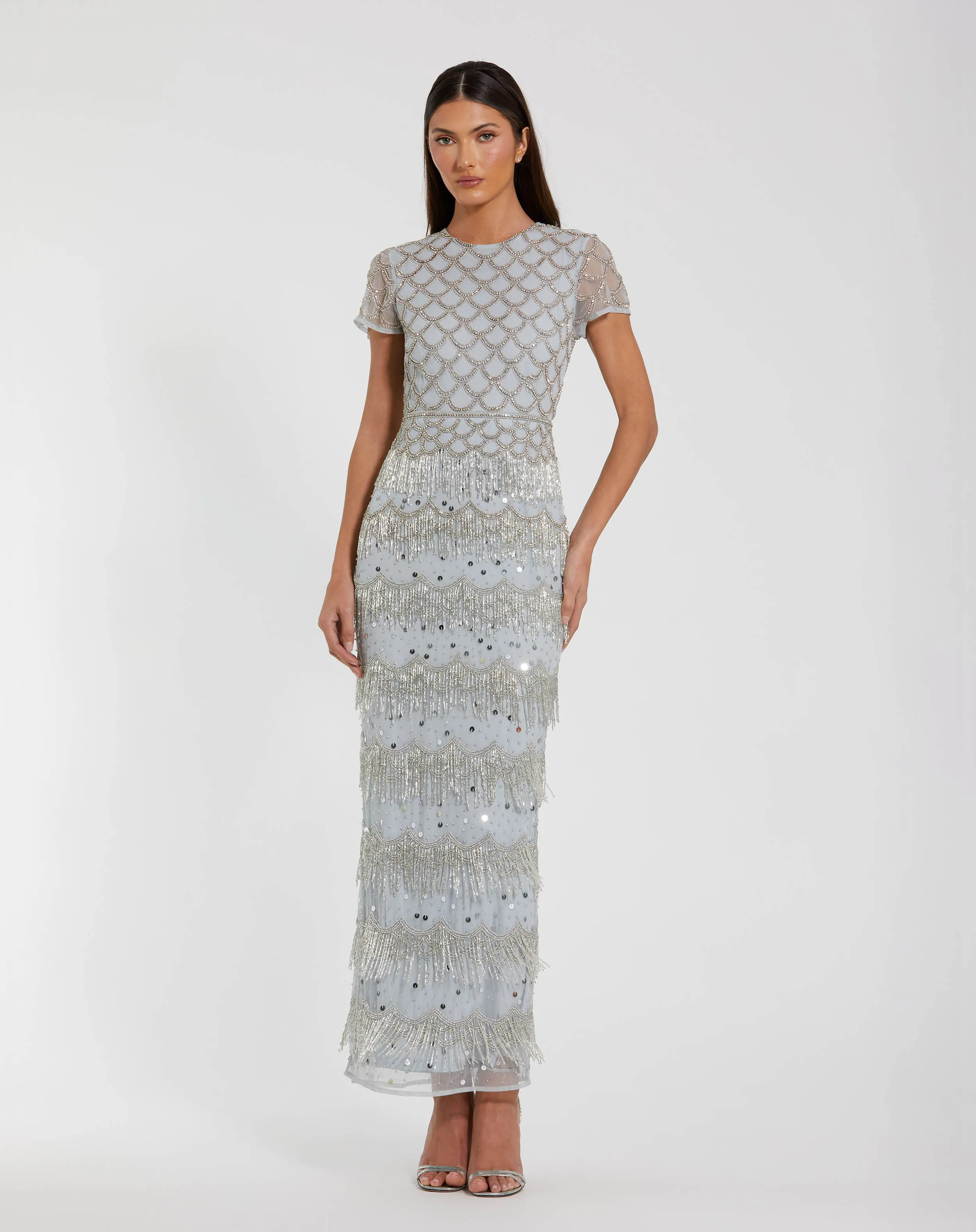 Blue Fringe Embellished Mesh Ankle Length Dress sold by Mac Duggal