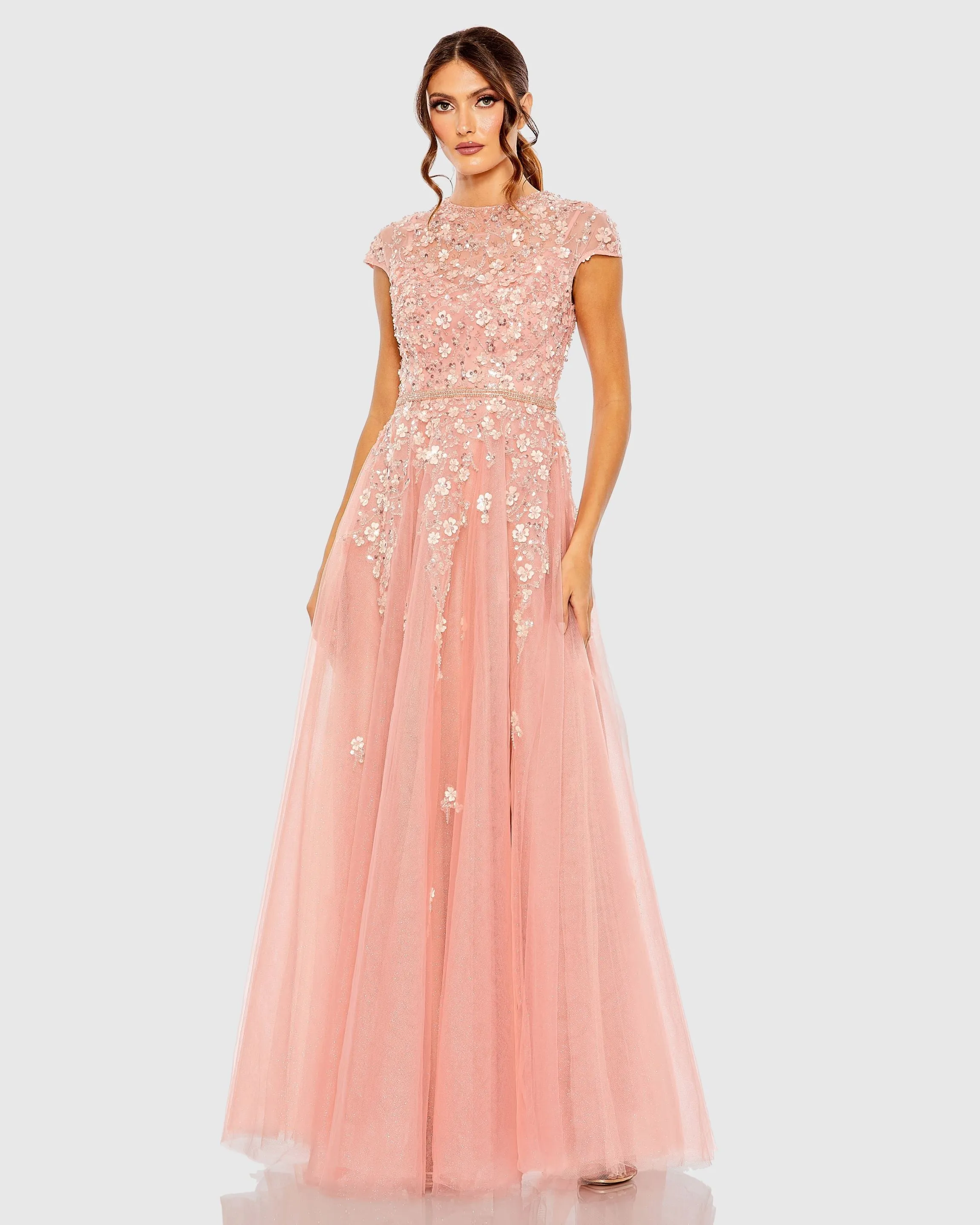 Pink High Neck Cap Sleeve Embellished A Line Gown sold by Mac Duggal