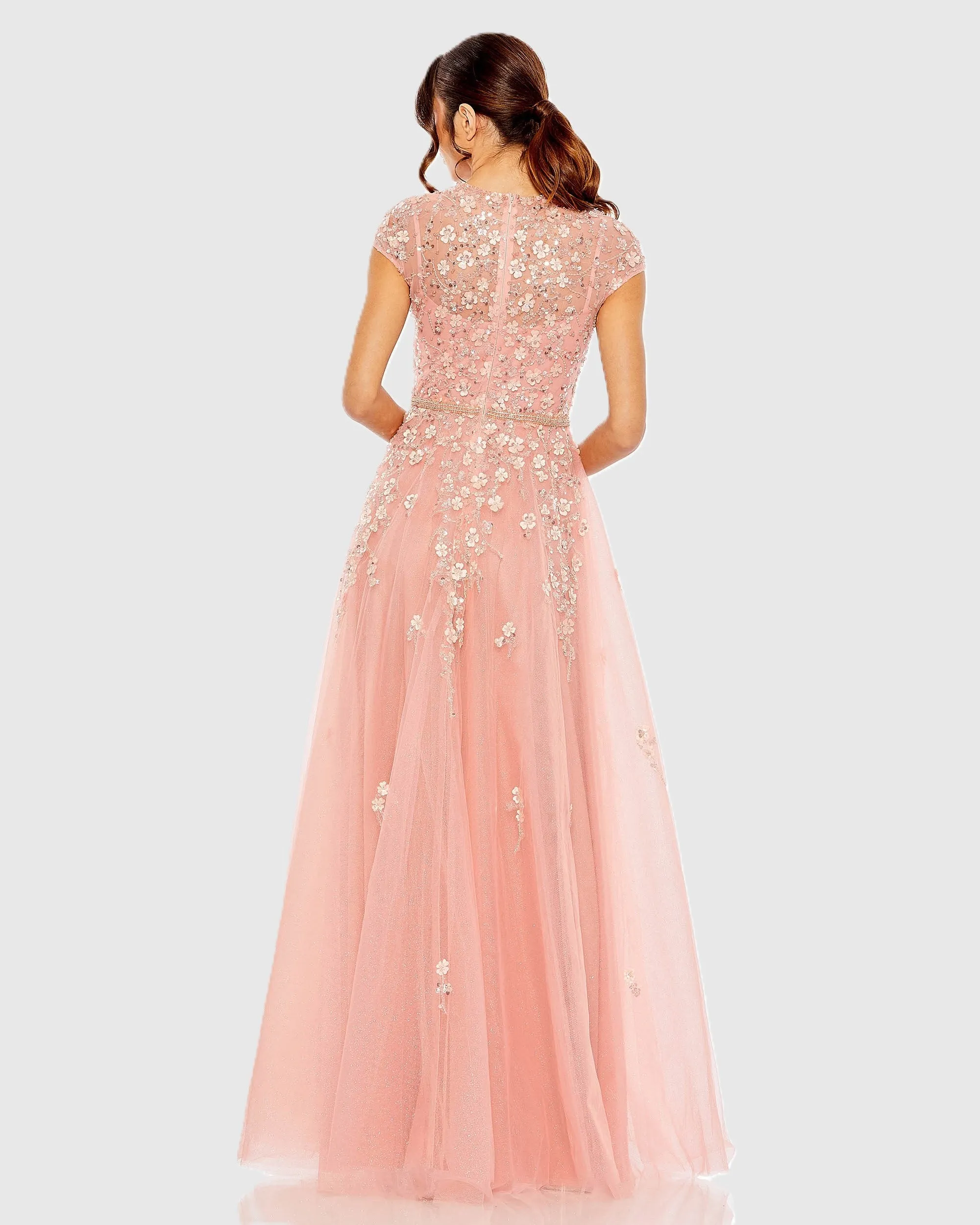 Pink High Neck Cap Sleeve Embellished A Line Gown sold by Mac Duggal product image thumbnail 3