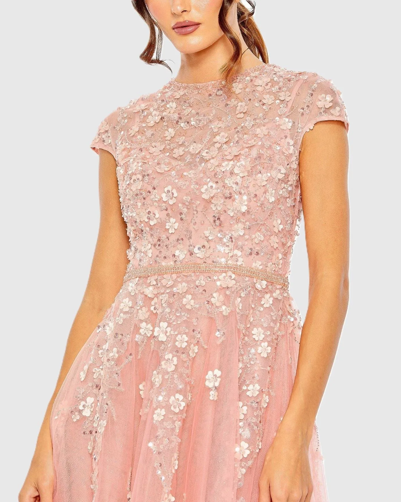 Pink High Neck Cap Sleeve Embellished A Line Gown sold by Mac Duggal product image thumbnail 2