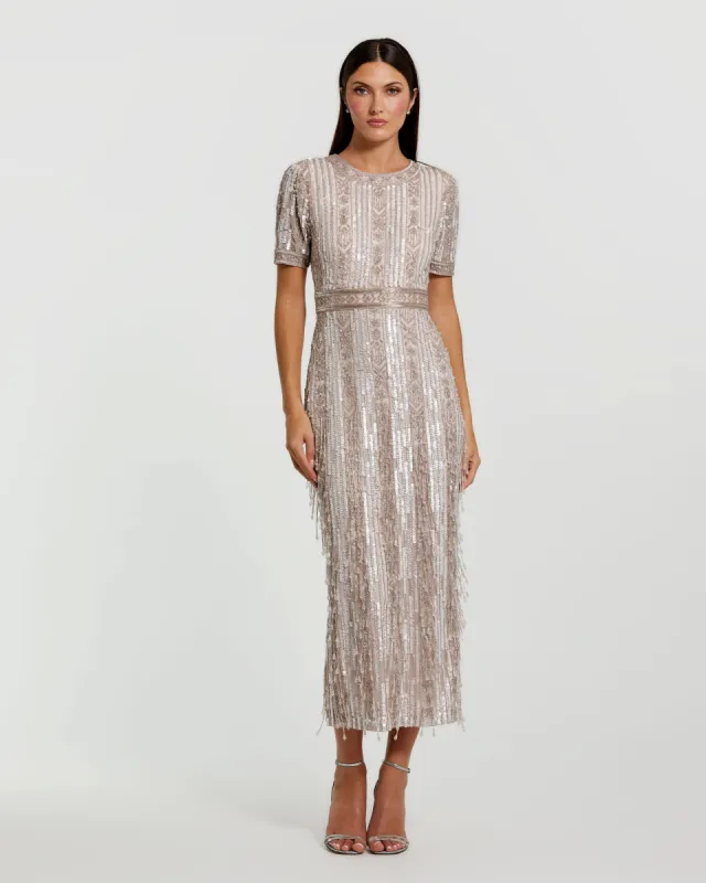 Pink High Neck Short Sleeve Crystal Fringe Sheath Dress made by Mac Duggal