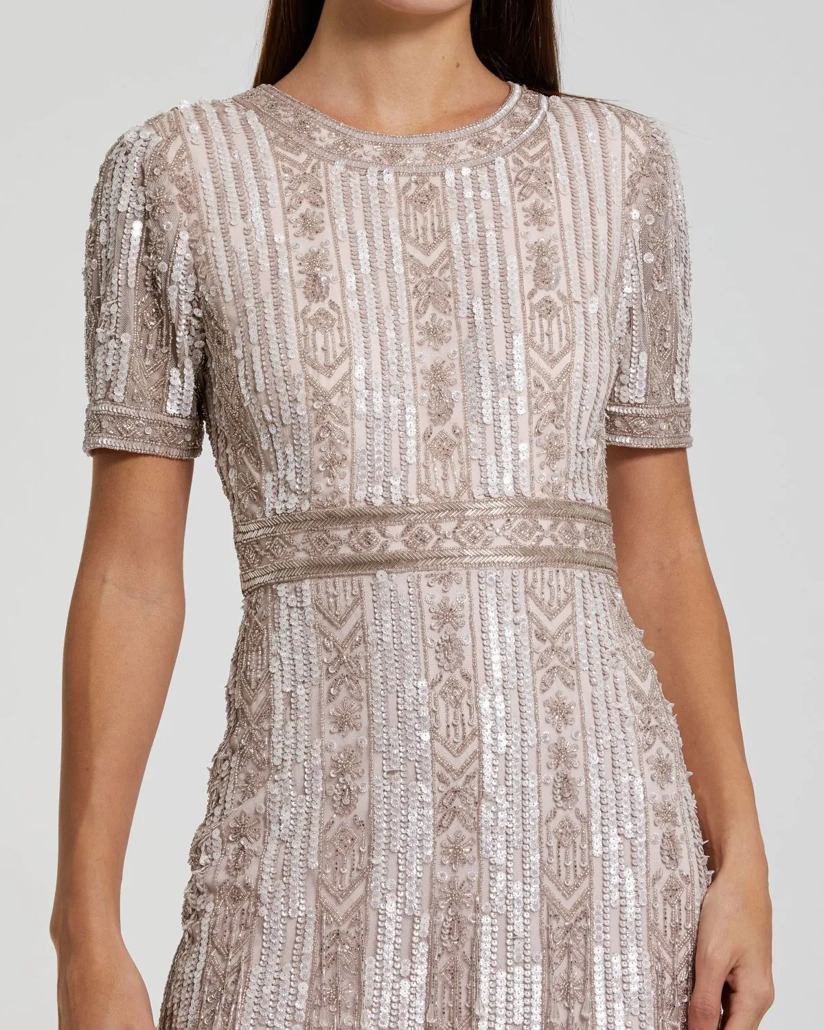 Pink High Neck Short Sleeve Crystal Fringe Sheath Dress sold by Mac Duggal product image thumbnail 2