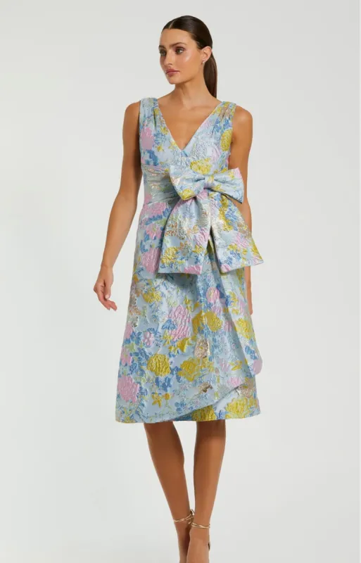 Blue Floral Brocade Sleeveless Midi Dress With Bow sold by Mac Duggal
