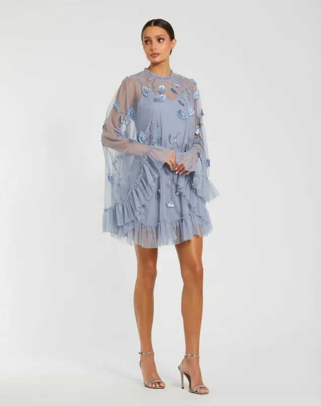 Blue Embellished Long Flare Sleeve Mesh Trapeze Dress sold by Mac Duggal