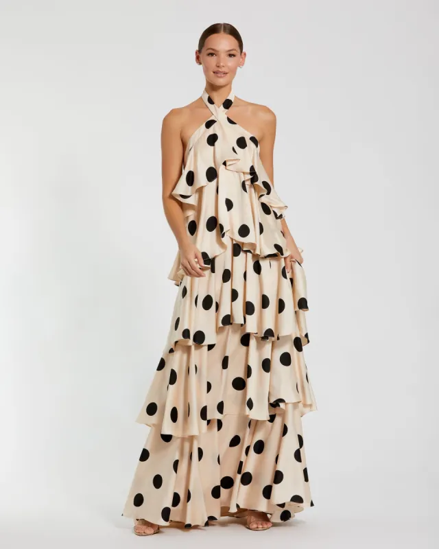 Beige Tiered Ruffle Polka Dot Charmeuse Gown sold by Mac Duggal