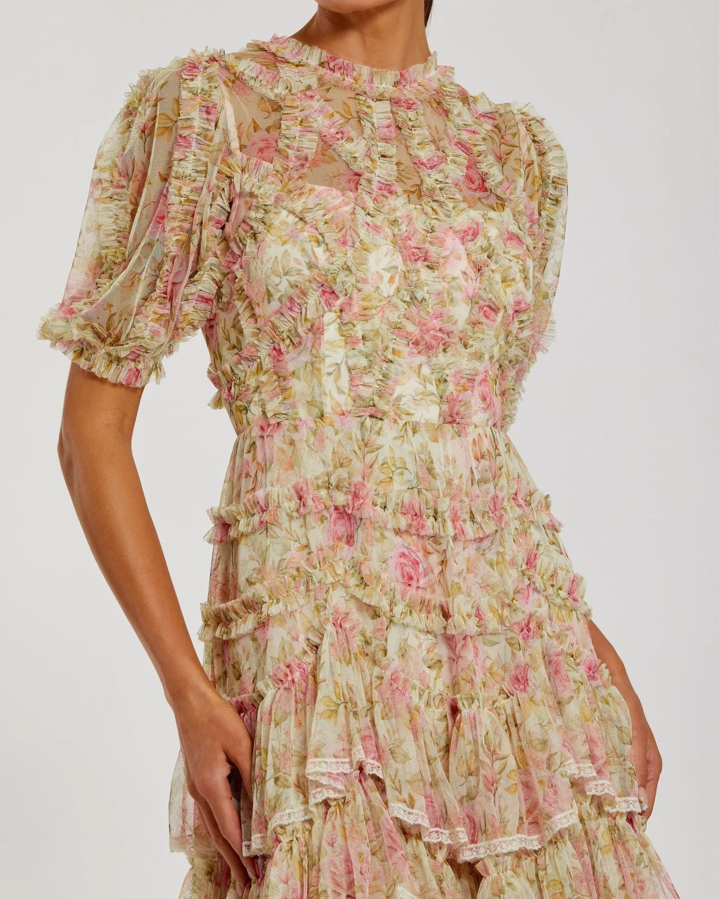 Beige Floral High Neck Midi Dress with Lace Trim sold by Mac Duggal product image thumbnail 2