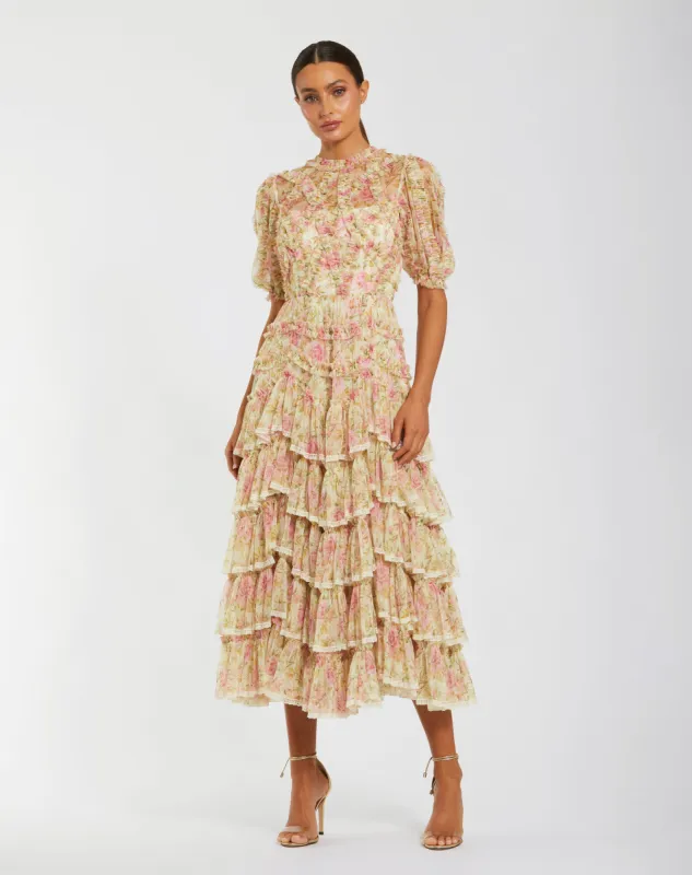 Beige Floral High Neck Midi Dress with Lace Trim sold by Mac Duggal