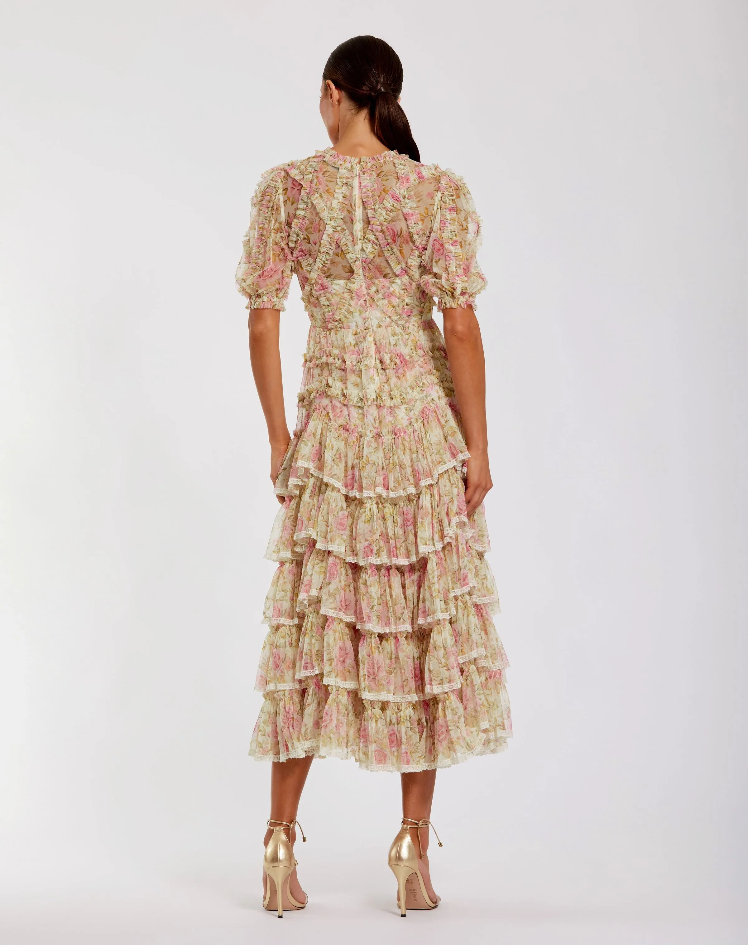 Beige Floral High Neck Midi Dress with Lace Trim sold by Mac Duggal product image thumbnail 3