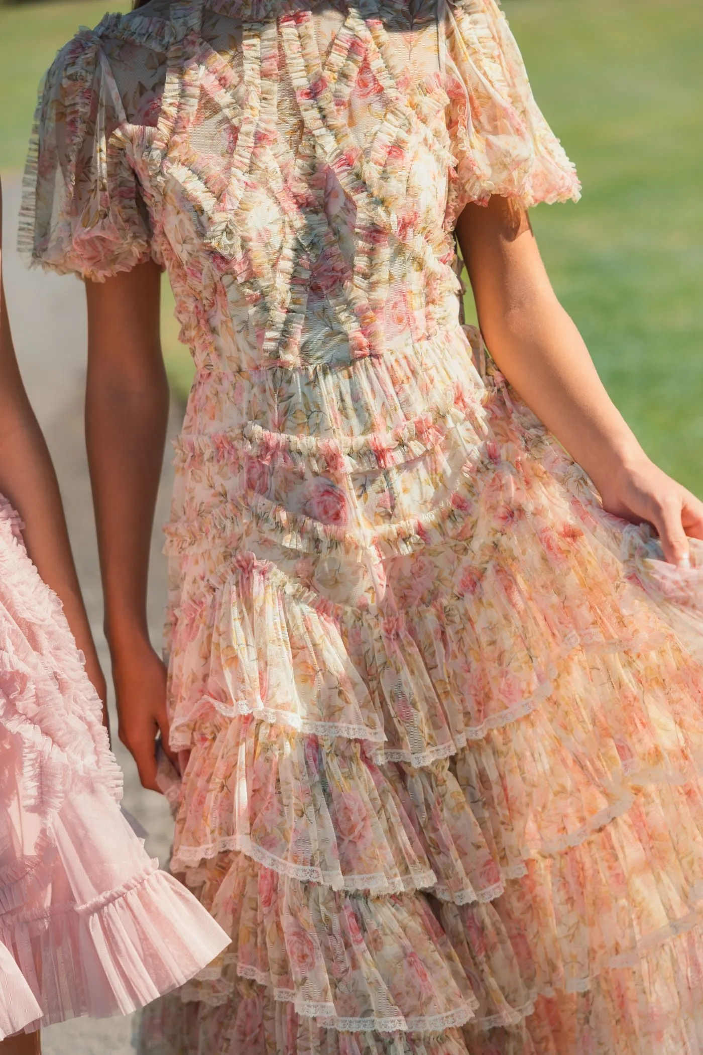 Beige Floral High Neck Midi Dress with Lace Trim sold by Mac Duggal product image thumbnail 5