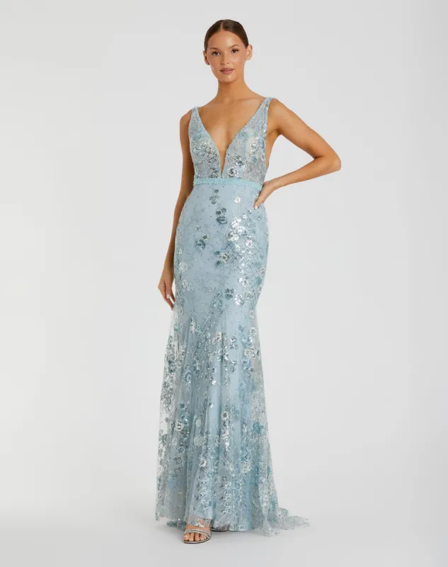 Blue Embellished Sleeveless Plunge Neck Gown sold by Mac Duggal