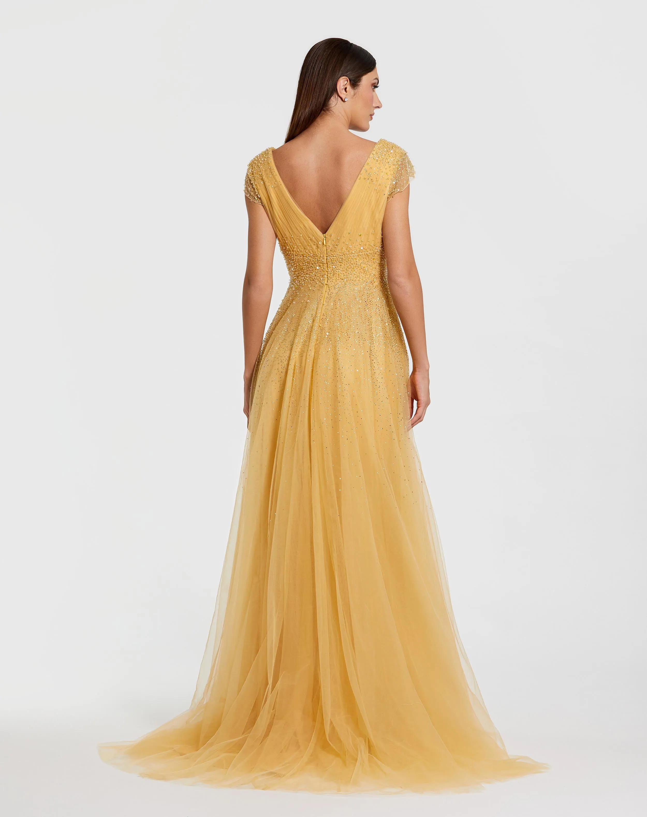 Yellow Embellished Cap Sleeve V Neck Tulle Gown sold by Mac Duggal product image thumbnail 3