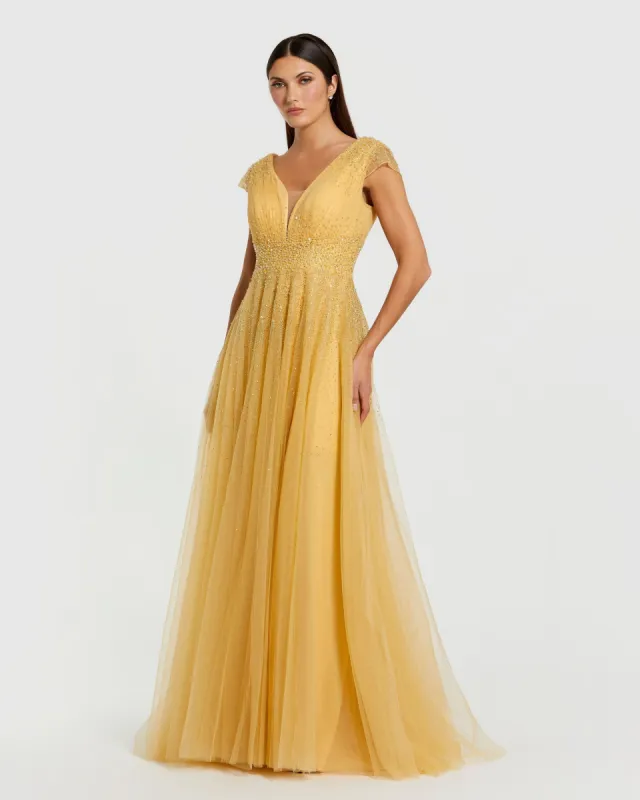 Yellow Embellished Cap Sleeve V Neck Tulle Gown sold by Mac Duggal