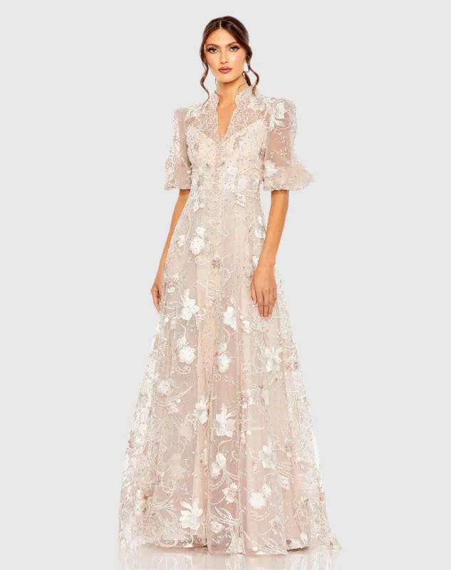 Pink Queen Anne Puff Sleeve A-Line Gown sold by Mac Duggal