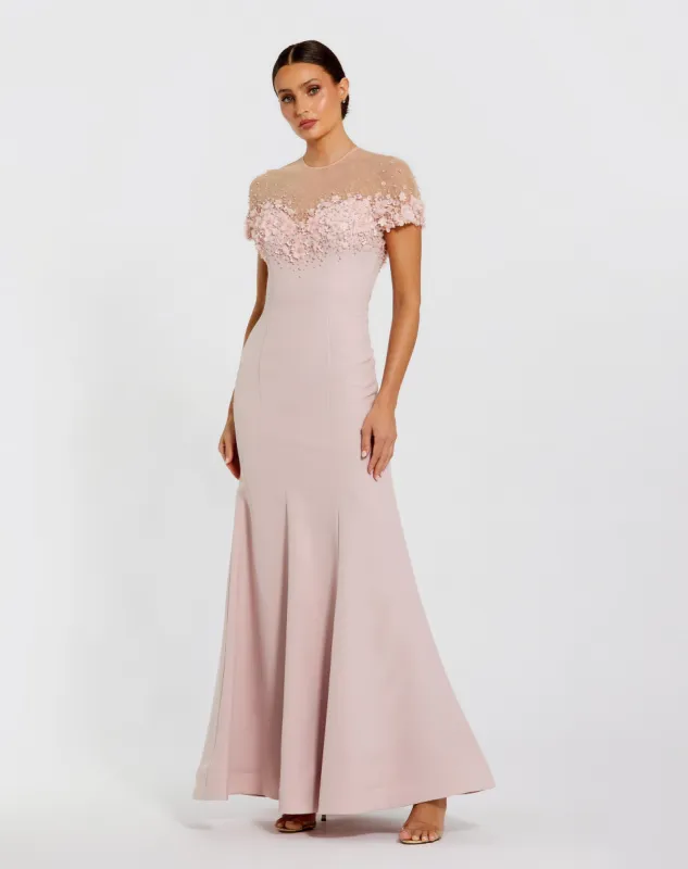 Pink Mermaid Crepe Gown With Beaded Illusion Neck sold by Mac Duggal