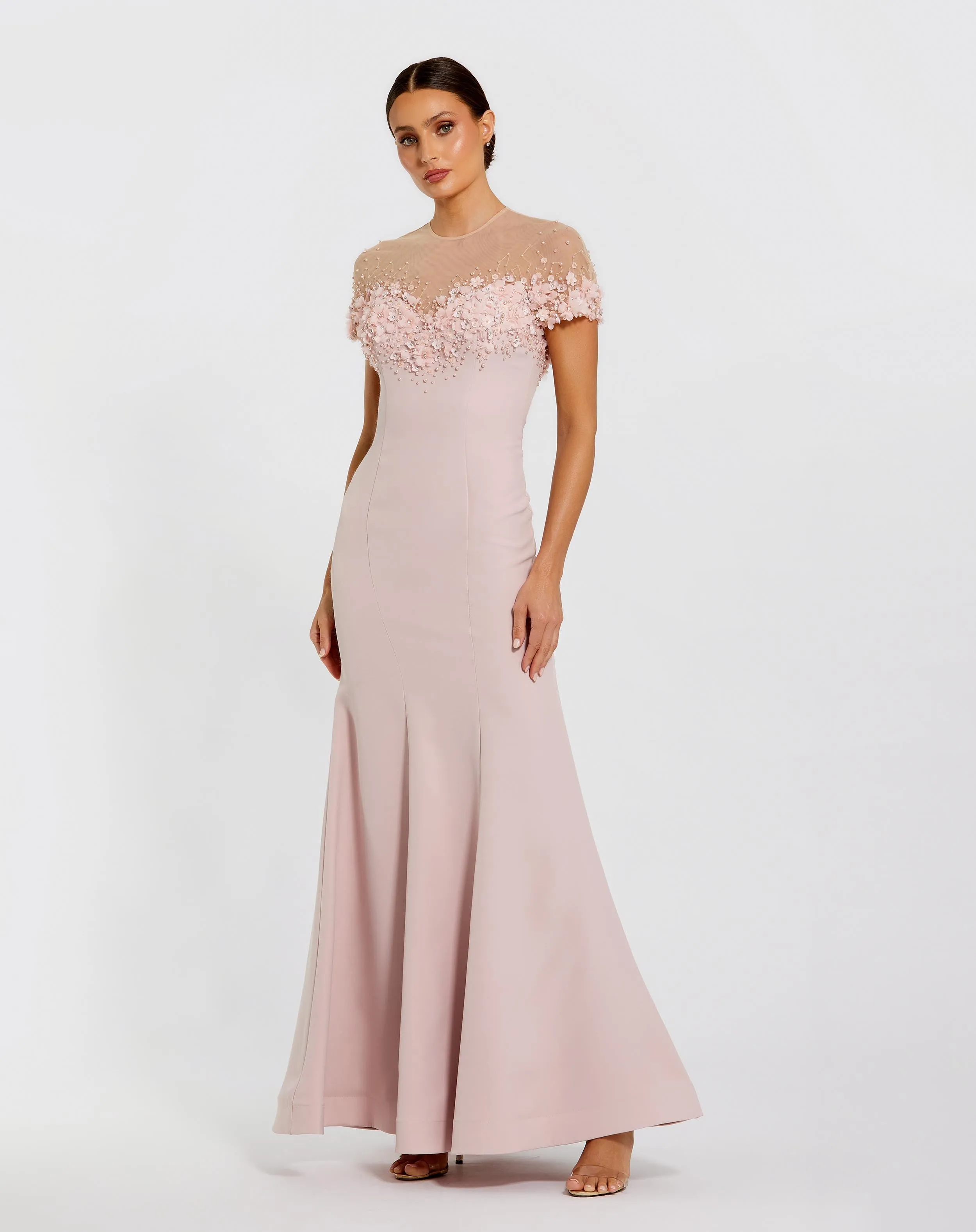 Pink Crepe Mermaid Gown With Beaded Illusion Neck sold by Mac Duggal