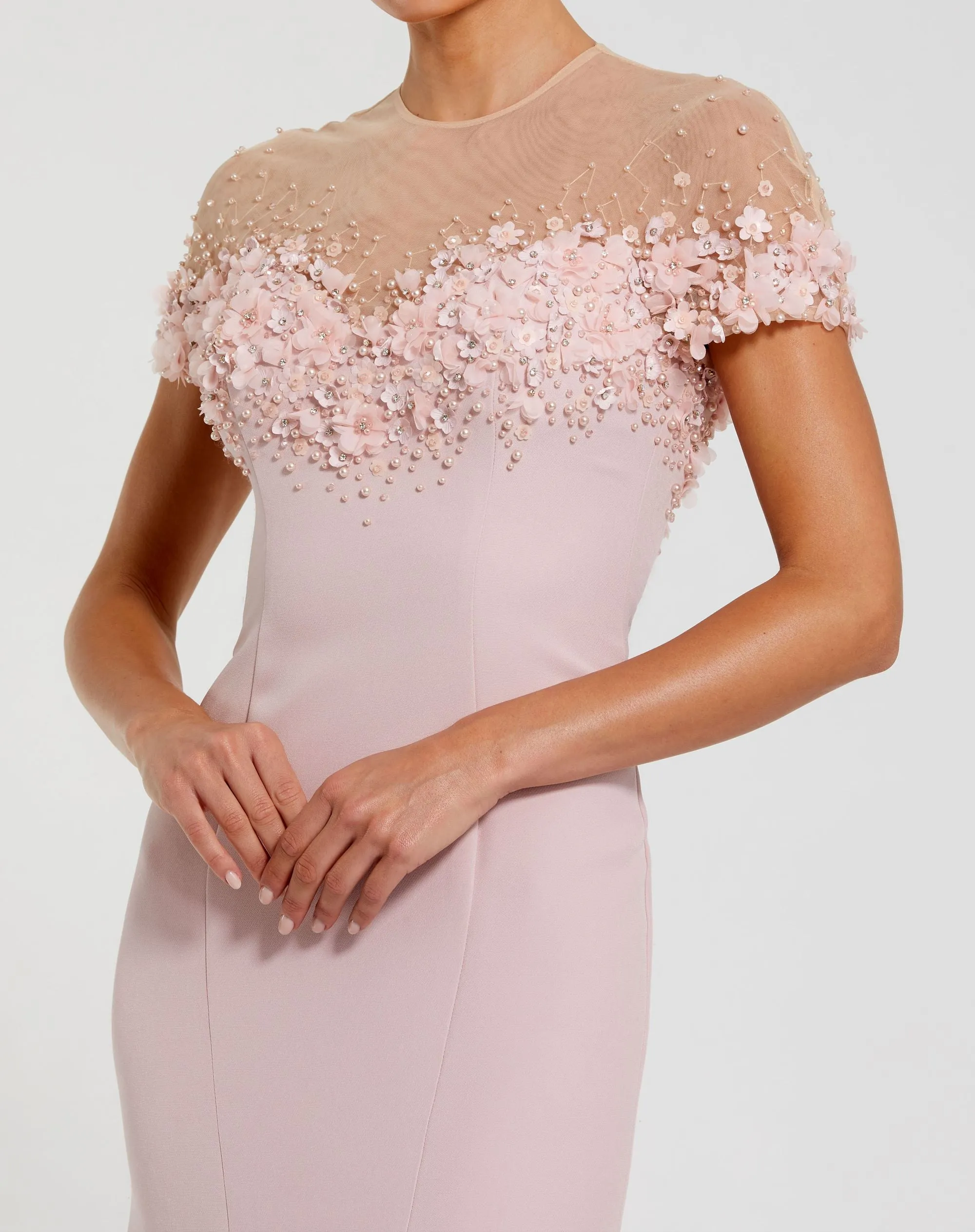 Pink Crepe Mermaid Gown With Beaded Illusion Neck sold by Mac Duggal product image thumbnail 2
