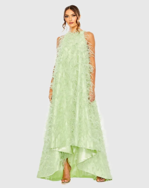 Green Sleeveless Feather Embellished Trapeze Gown sold by Mac Duggal