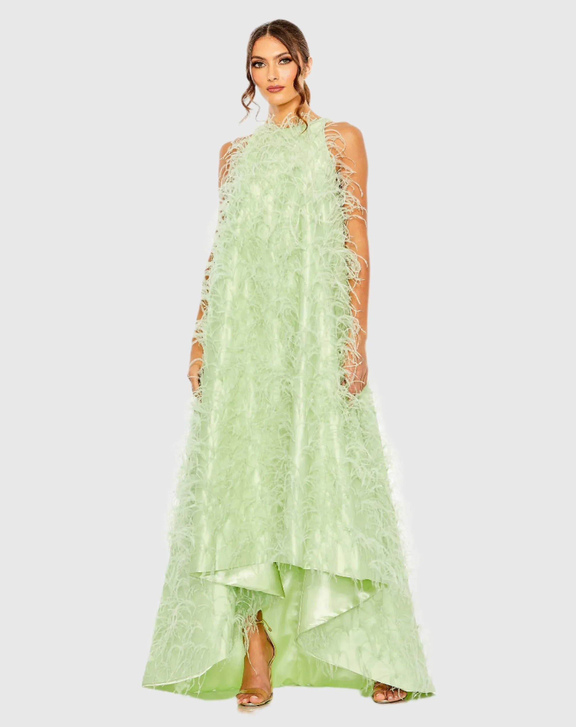 Green Sleeveless Feather Embellished Trapeze Gown sold by Mac Duggal
