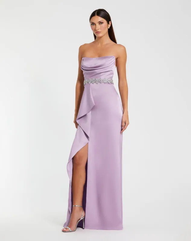 Purple Strapless Satin Gown With Embellished Belt Detail sold by Mac Duggal