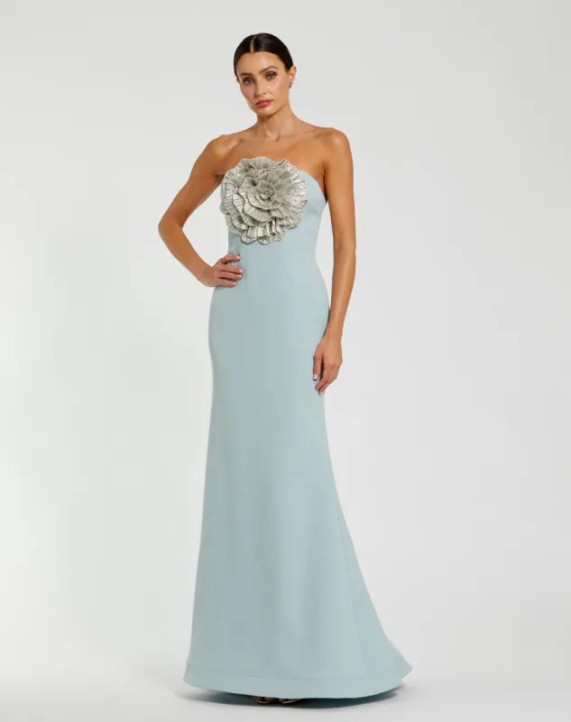 Blue Strapless Crepe Trumpet Gown with 3D Rhinestone Flower sold by Mac Duggal