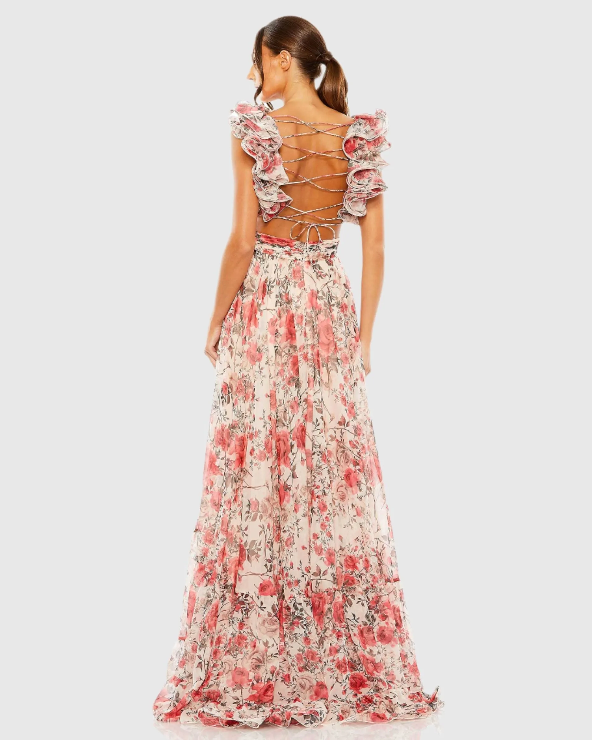 Pink Ruffle Tiered Floral Cut-Out Chiffon Gown sold by Mac Duggal product image thumbnail 3