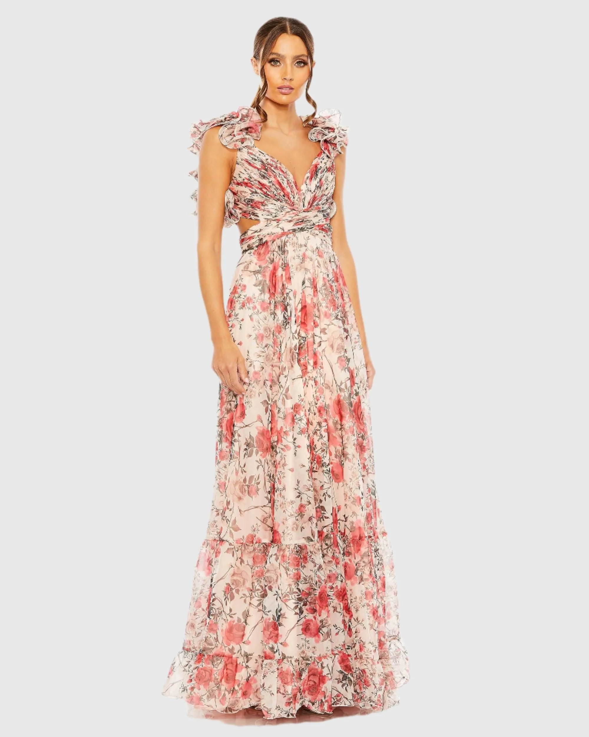 Pink Ruffle Tiered Floral Cut-Out Chiffon Gown sold by Mac Duggal