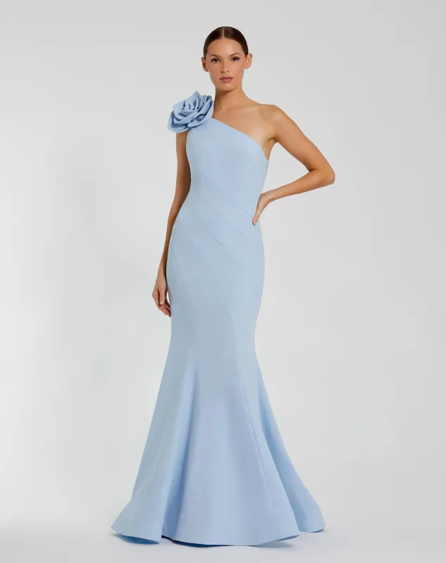 Blue One Shoulder Mermaid Gown With 3D Flower sold by Mac Duggal