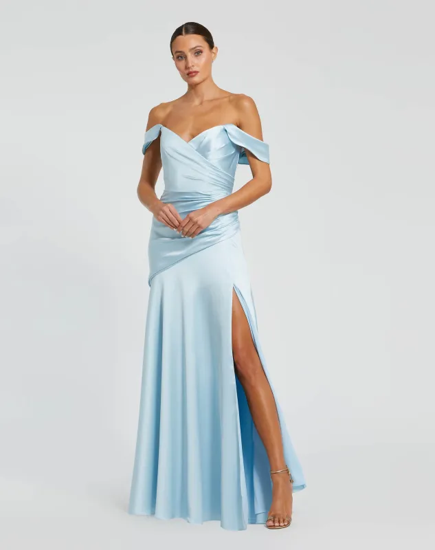 Blue Satin Off The Shoulder Crossover Gown made by Mac Duggal