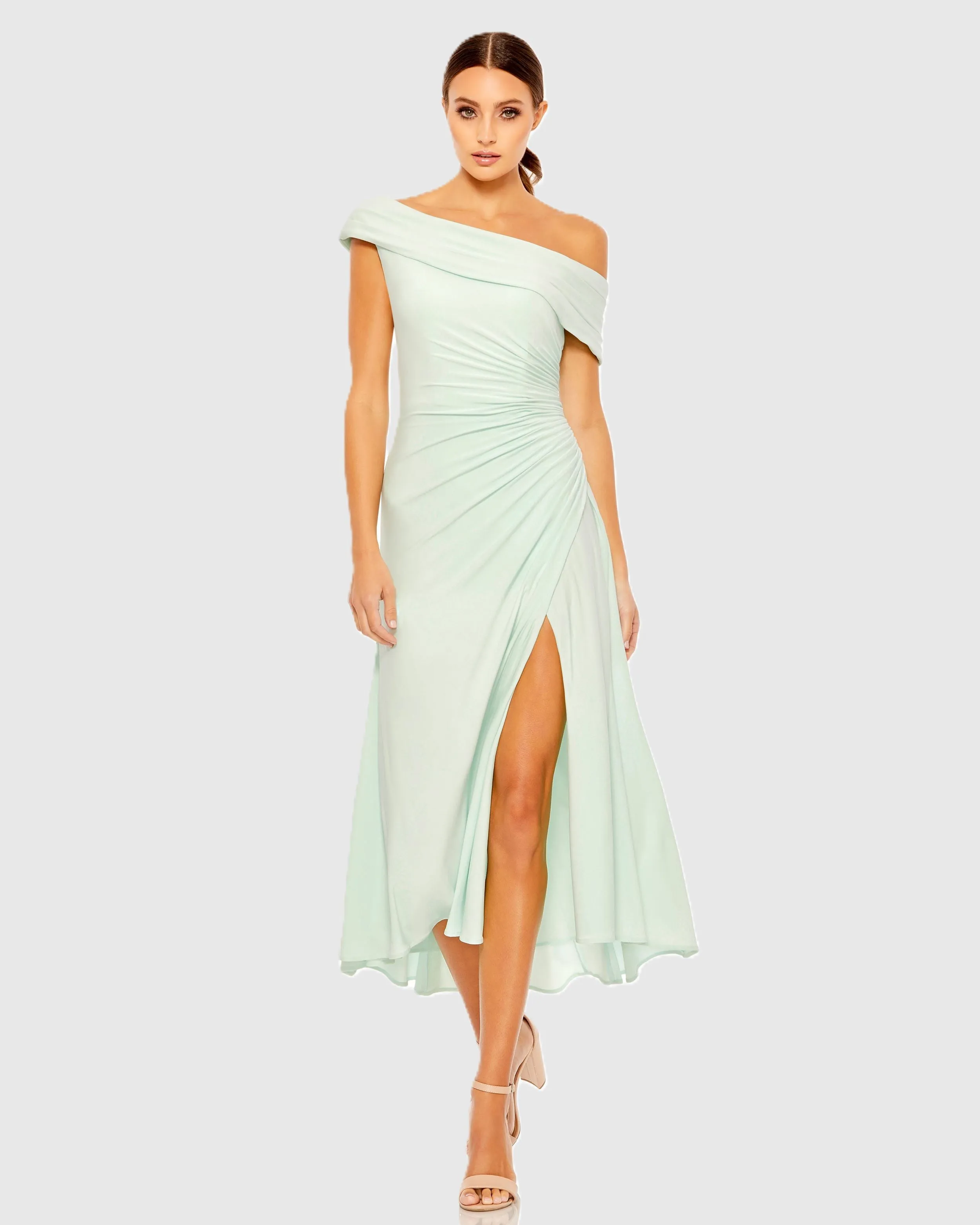 Ruched Off-The-Shoulder Midi Dress sold by Mac Duggal