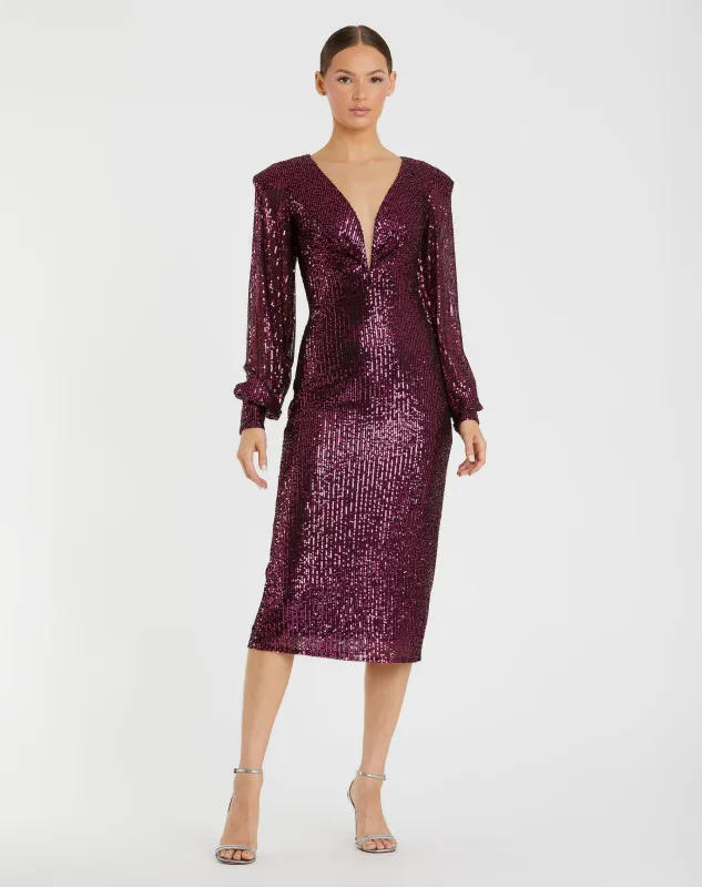 Sequined Structured Bishop Sleeve Midi Dress sold by Mac Duggal