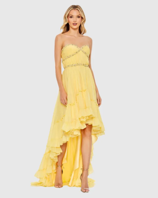 Beaded Ruffle High Low Gown sold by Mac Duggal