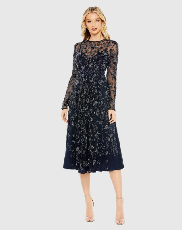 Beaded Illusion High Neck Long Sleeve A Line Gown sold by Mac Duggal