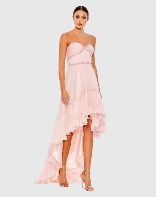 Pink Beaded Ruffle High Low Gown sold by Mac Duggal