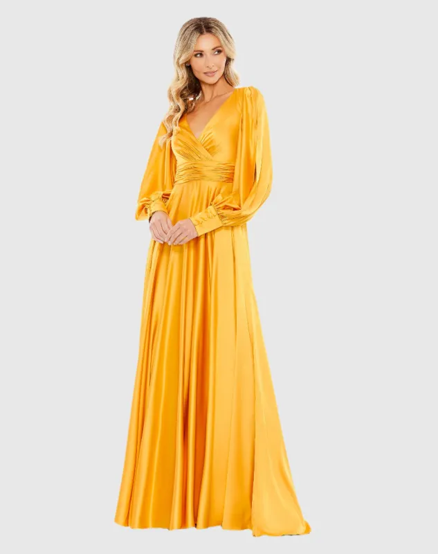 Flowy Split Bishop Sleeve Faux Wrap Gown sold by Mac Duggal