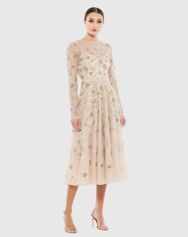 Beige Beaded Illusion High Neck Long Sleeve A Line Dress sold by Mac Duggal