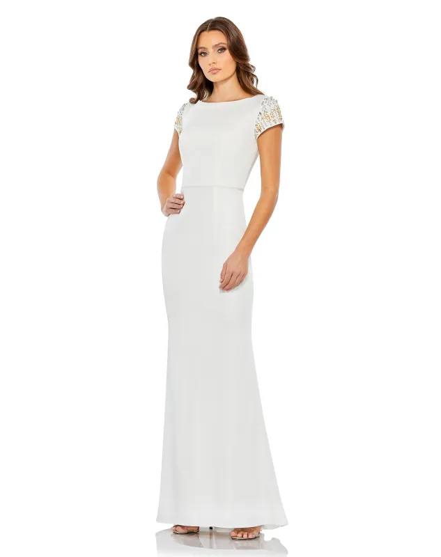White Beaded Cap Sleeve Bateau Column Gown sold by Mac Duggal
