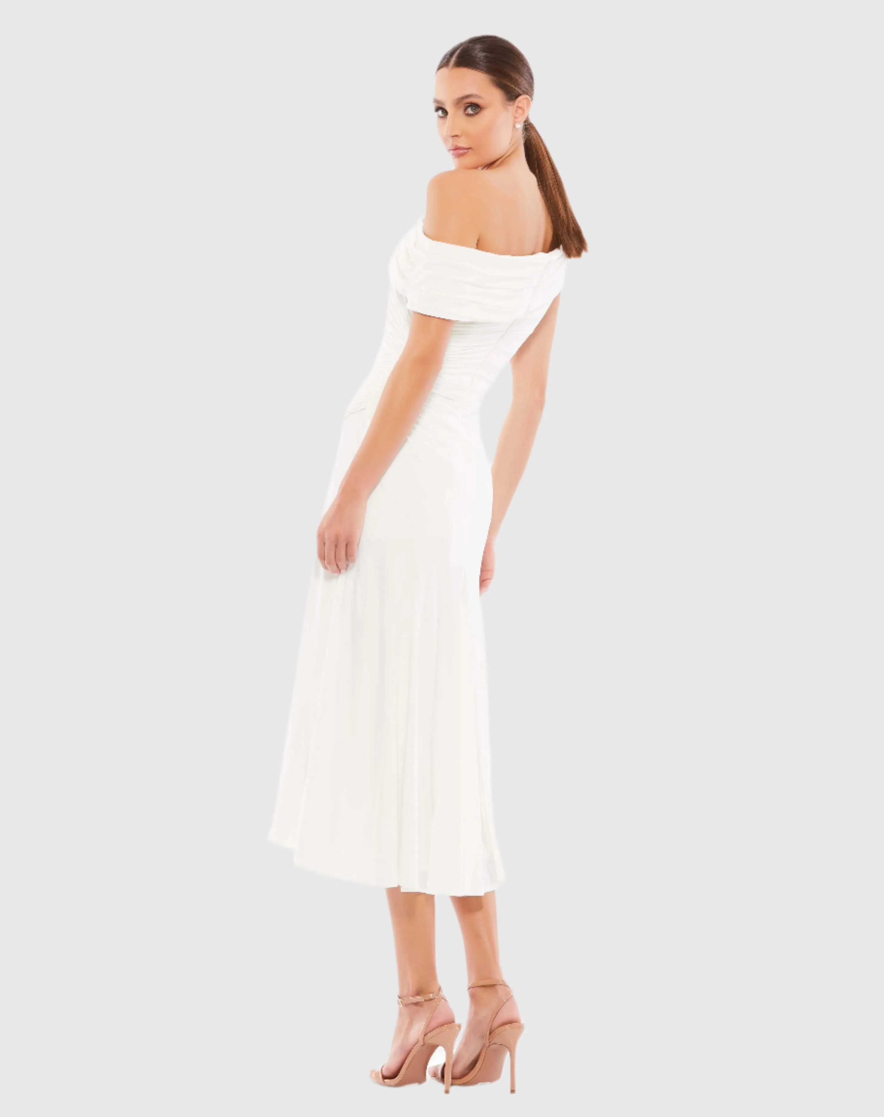 White Ruched Off-The-Shoulder Midi Dress sold by Mac Duggal product image thumbnail 3