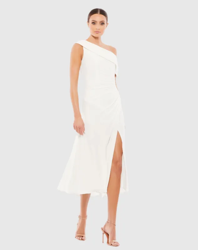 White Ruched Off-The-Shoulder Midi Dress sold by Mac Duggal