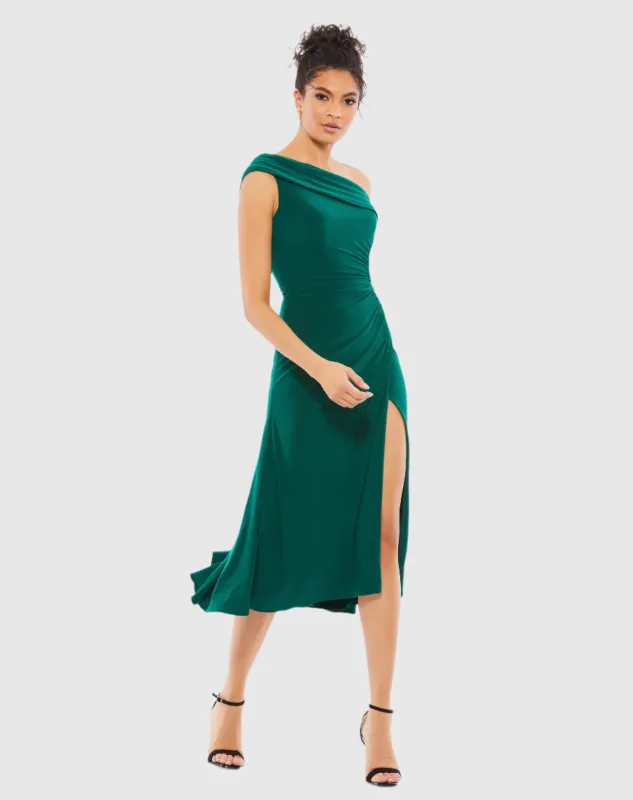 Dark Green Ruched Off-The-Shoulder Midi Dress sold by Mac Duggal
